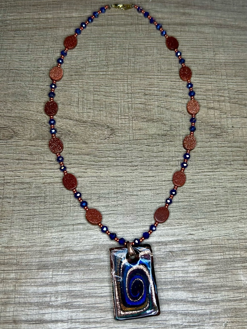Goldstone, Blue Crystal & Murano Swirl Glass Pendant Necklace Handmade